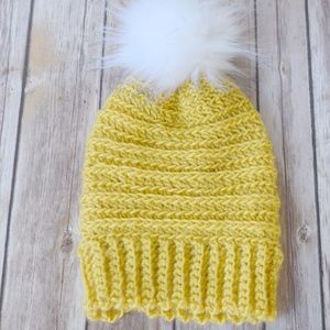 Yellow Ribbed Beanie with Faux Fur Pom Pom